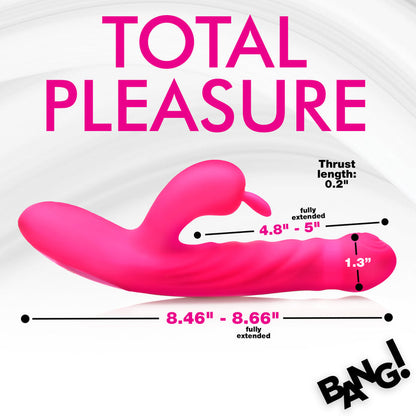 Pink rabbit vibrator with thrusting shaft, clit-stimulating rabbit ears, 15 vibration patterns, splashproof design, and rechargeable battery.

