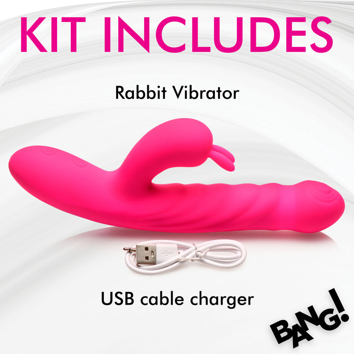 rabbit vibrator, pink rabbit vibrator, thrusting vibrator, clit-stimulating rabbit ears, dual stimulation vibrator, G-spot vibrator, rechargeable rabbit vibrator, textured shaft vibrator, body-safe silicone vibrator, phthalate-free rabbit vibe, splashproof rabbit vibrator, USB rechargeable vibrator, 3 speeds clit vibrator, 8 vibration patterns vibrator, Bang! Collection vibrator, Valentine’s Day rabbit vibrator, women’s rabbit vibe, luxury rabbit vibrator, waterproof bunny vibrator 