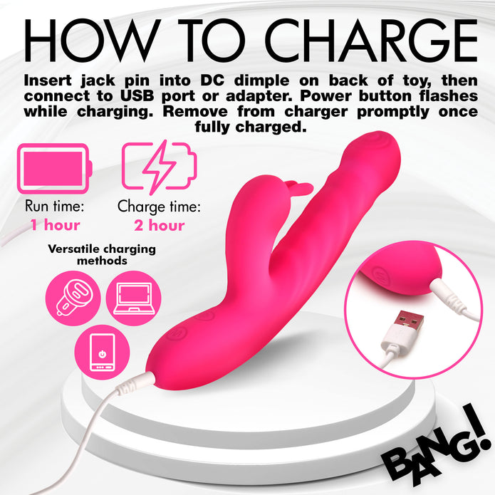 Pink rabbit vibrator with thrusting shaft, clit-stimulating rabbit ears, 15 vibration patterns, splashproof design, and rechargeable battery.

