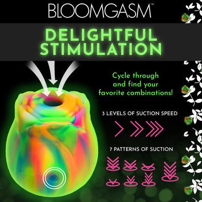 Glow-in-the-dark rainbow rose clit stimulator with suction patterns, body-safe silicone, and USB rechargeable design for nighttime pleasure.

