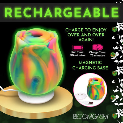 Glow-in-the-dark rainbow rose clit stimulator with suction patterns, body-safe silicone, and USB rechargeable design for nighttime pleasure.

