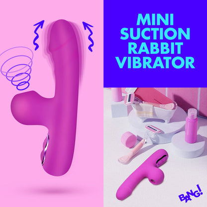 Purple dual-action rabbit vibrator with clit suction, vibrating shaft, and 3 speeds and 7 patterns of stimulation. Splashproof and USB rechargeable.

