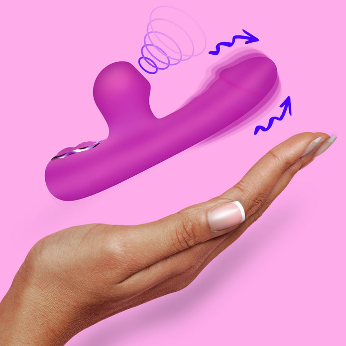 Purple dual-action rabbit vibrator with clit suction, vibrating shaft, and 3 speeds and 7 patterns of stimulation. Splashproof and USB rechargeable.

