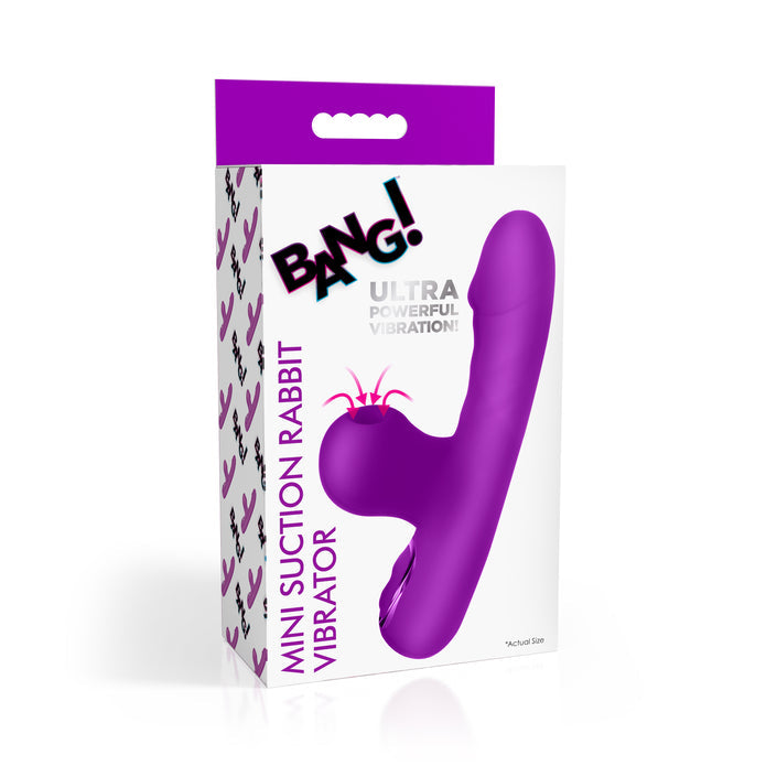 Purple dual-action rabbit vibrator with clit suction, vibrating shaft, and 3 speeds and 7 patterns of stimulation. Splashproof and USB rechargeable.

