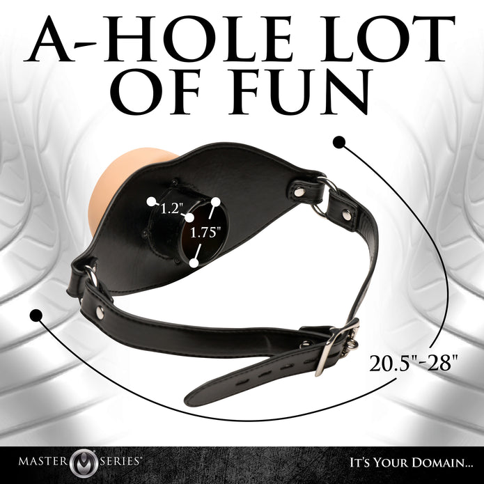 Vegan leather strap gag with a realistic TPE booty-hole design, adjustable buckles, and a comfortable inner gag for restraint play.