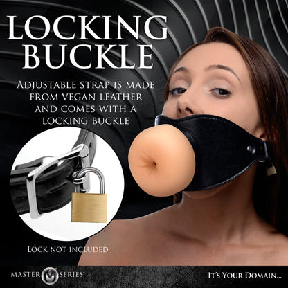 Vegan leather strap gag with a realistic TPE booty-hole design, adjustable buckles, and a comfortable inner gag for restraint play.