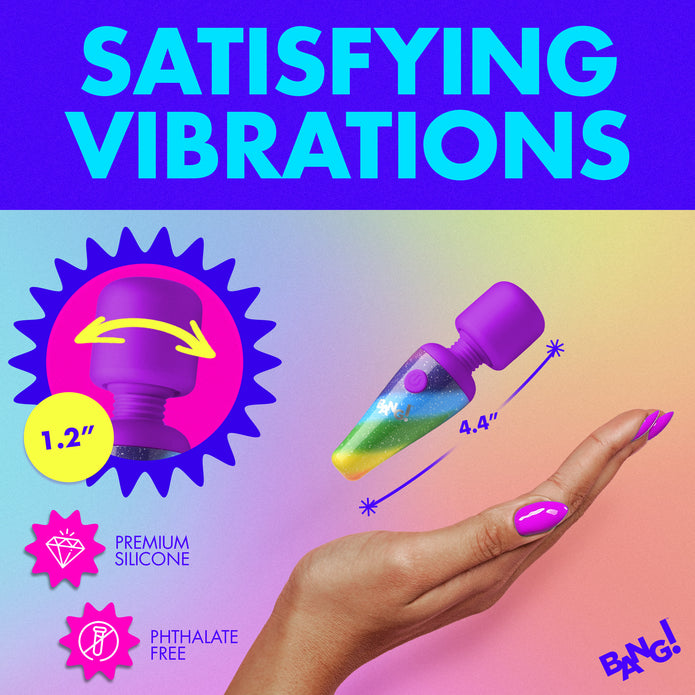 Bang! Rainbow Mini Wand, a compact rechargeable silicone vibrator with 3 speeds, 7 patterns, a flexible neck, and vibrant rainbow design.

Bang! Rainbow Mini Wand, rechargeable mini wand, compact silicone vibrator, 3-speed vibrating wand, 7-pattern mini massager, travel-friendly vibrator, rainbow silicone wand, flexible neck massager, body-safe mini vibrator, cordless mini wand vibrator