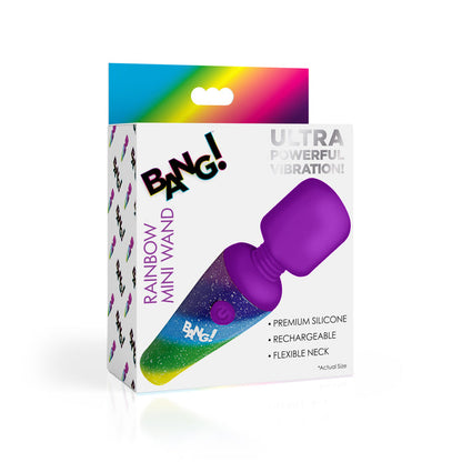 Bang! Rainbow Mini Wand, a compact rechargeable silicone vibrator with 3 speeds, 7 patterns, a flexible neck, and vibrant rainbow design.

Bang! Rainbow Mini Wand, rechargeable mini wand, compact silicone vibrator, 3-speed vibrating wand, 7-pattern mini massager, travel-friendly vibrator, rainbow silicone wand, flexible neck massager, body-safe mini vibrator, cordless mini wand vibrator