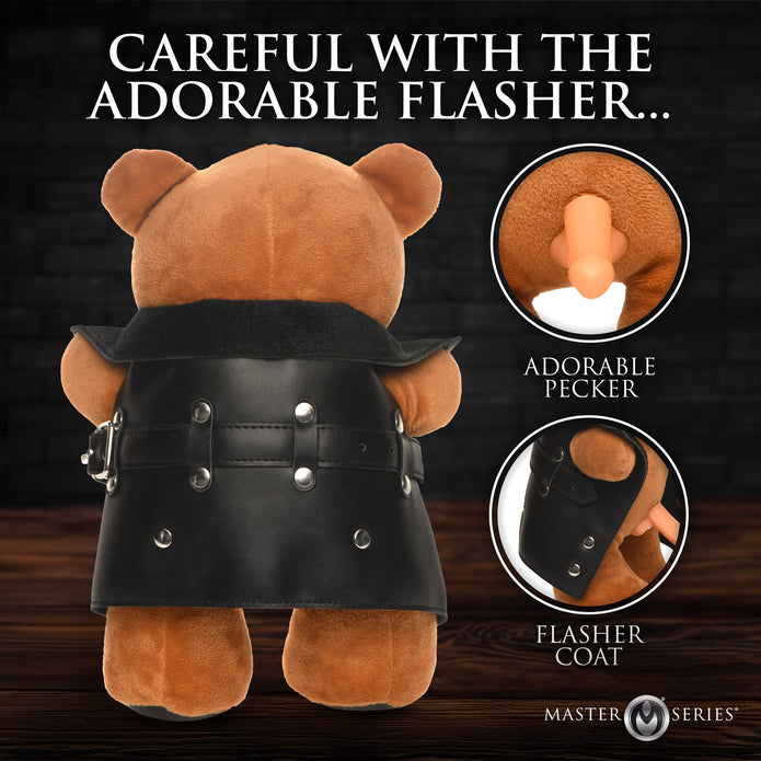 Flasher Exhibitionist Teddy Bear with plush brown fur, vegan leather jacket, and humorous flashing surprise for novelty gifting