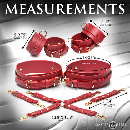 Vegan leather bondage restraint set with adjustable cuffs, hogtie connector, and nickel-free hardware for versatile BDSM play.