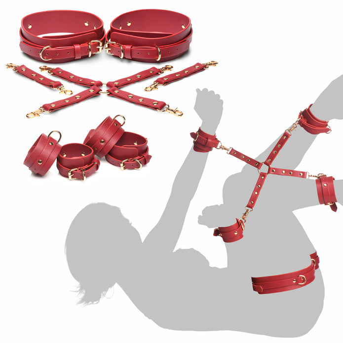 Vegan leather bondage restraint set with adjustable cuffs, hogtie connector, and nickel-free hardware for versatile BDSM play.