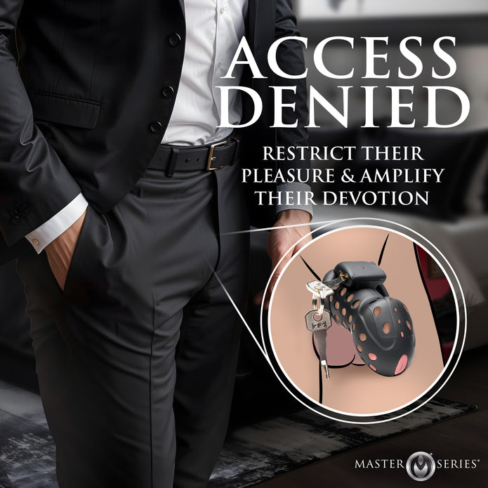 Lock Down Chastity Cage with breathable design, four adjustable rings, cum-thru tip, and secure locking system for BDSM chastity play