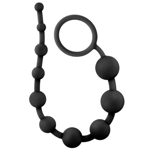 Anal Adventure Platinum Silicone 10 Anal Beads main Black silicone anal beads with a pull ring, featuring 10 progressively sized beads for added stimulation