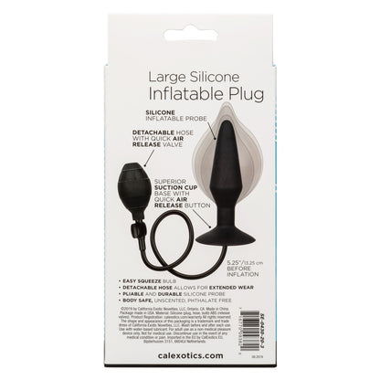 CalExotics Large Silicone Inflatable Plug. Featuring an inflatable design with a detachable hose, quick-release valve, and powerful suction cup base, this body-safe silicone probe offers customizable sizing and hands-free fun. Measures 5.25” x 1.5” before inflation.