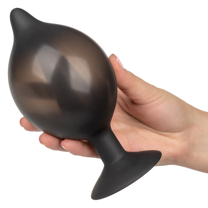 CalExotics Large Silicone Inflatable Plug. Featuring an inflatable design with a detachable hose, quick-release valve, and powerful suction cup base, this body-safe silicone probe offers customizable sizing and hands-free fun. Measures 5.25” x 1.5” before inflation.