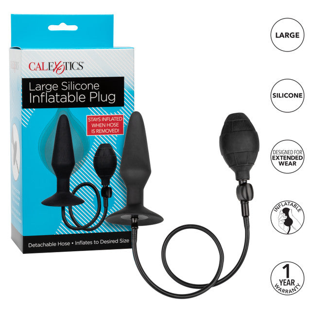 CalExotics Large Silicone Inflatable Plug. Featuring an inflatable design with a detachable hose, quick-release valve, and powerful suction cup base, this body-safe silicone probe offers customizable sizing and hands-free fun. Measures 5.25” x 1.5” before inflation.