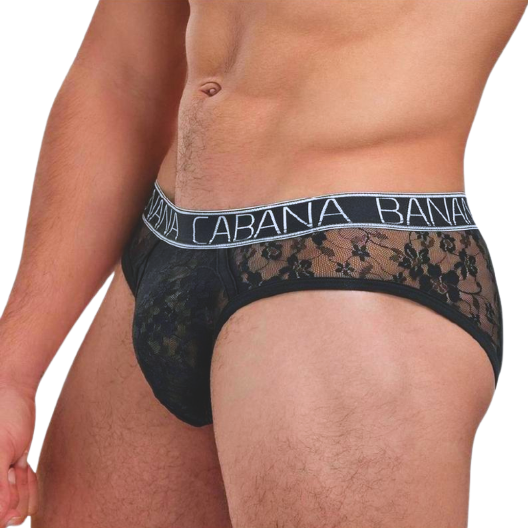 Low-rise men’s black lace briefs in S/M, M/L, and L/XL with a soft floral design, modesty panel in the front, sheer back, and crafted from a blend of Nylon and Elastane.

