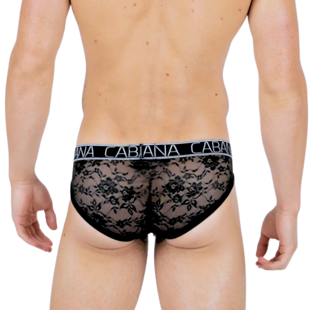 Low-rise men’s black lace briefs in S/M, M/L, and L/XL with a soft floral design, modesty panel in the front, sheer back, and crafted from a blend of Nylon and Elastane.

