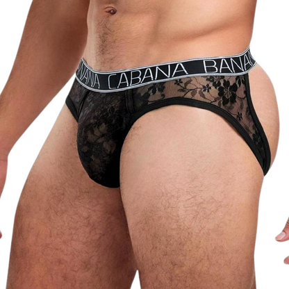 Men’s black lace briefs with semi-sheer floral front, bold open-back design, and a "BANANA CABANA" waistband. Crafted from 90% Nylon and 10% Elastane.

