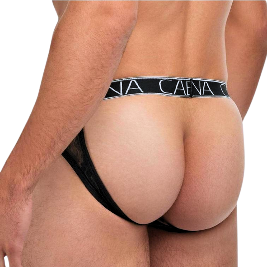 Men’s black lace briefs with semi-sheer floral front, bold open-back design, and a "BANANA CABANA" waistband. Crafted from 90% Nylon and 10% Elastane.

