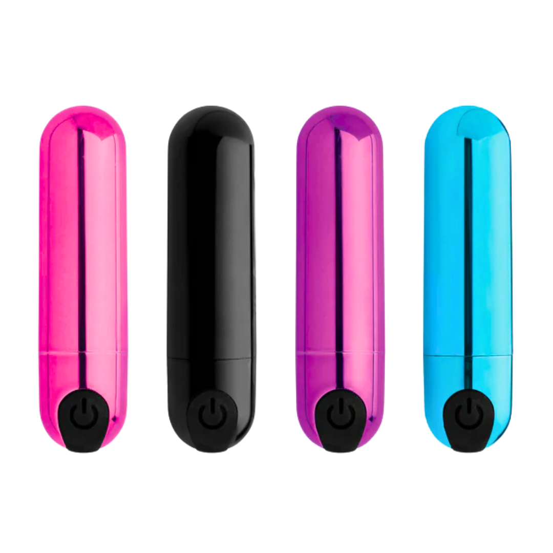 Compact bullet vibrator with 10 vibration patterns, metallic finish, USB rechargeable, waterproof, available in pink, black, purple, and blue.

