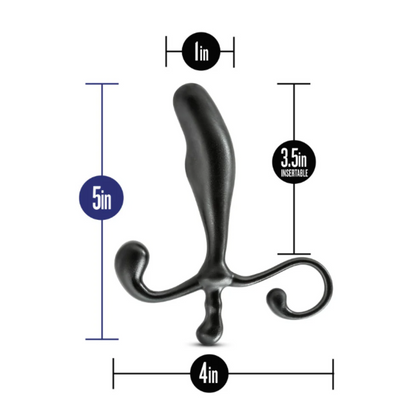 Black Prostimulator VX1 Prostate Massager featuring an ergonomic, curved design with a smooth finish. Its unique shape is optimized for precise prostate stimulation and hands-free use, providing intense pleasure and comfort. Measurements, 5" long, 1" insertable wide, 3.5" insertable length, 4" wide