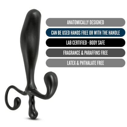 Black Prostimulator VX1 Prostate Massager with text highlights: "Anatomically Designed," "Can Be Used Hands-Free or with the Handle," "Lab Certified - Body Safe," "Fragrance & Paraffins Free," and "Latex & Phthalate Free." The ergonomic design ensures optimal prostate stimulation and comfort.