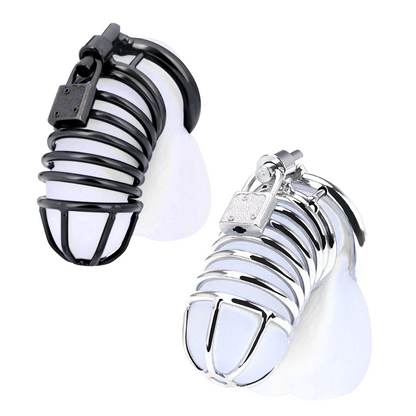 Silver stainless steel deluxe chastity cage with ergonomic curved design, padlock, and key, featuring interchangeable rings for a secure and customizable fit, perfect for BDSM and control play.