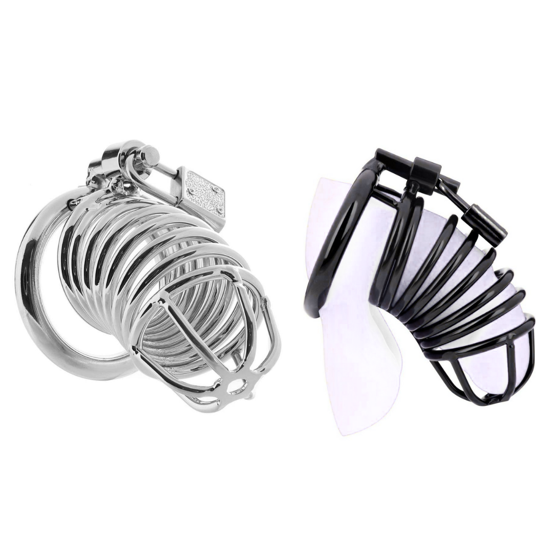 Silver stainless steel deluxe chastity cage with ergonomic curved design, padlock, and key, featuring interchangeable rings for a secure and customizable fit, perfect for BDSM and control play.