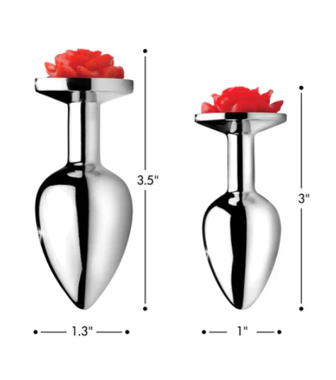 Red rose anal plug in nickel-free aluminum, available in Small or Medium sizes. Smooth, tapered, and temperature-sensitive for stylish and safe play.

