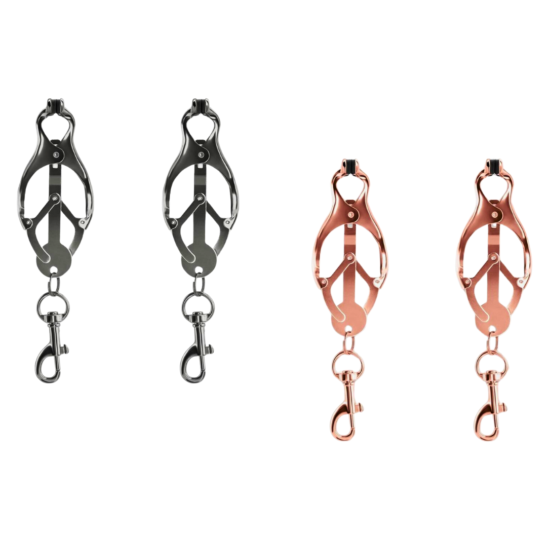 Clover-shaped nipple clamps with pull-to-tighten design, nickel-free metal, and silicone tips for intense stimulation.
 Keywords: clover nipple clamps, pull-tight nipple clamps, nickel-free BDSM clamps, intense nipple play, silicone-tipped clamps, advanced nipple clamps, BDSM accessories, rose gold clamps, gunmetal nipple clamps, luxury nipple play tools.