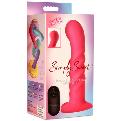 Enhance your playtime with the Simply Sweet Ribbed Dildo, featuring three textured ribs, 3 speeds and 7 patterns of vibration, and a remote control for effortless pleasure. Pink ribbed silicone dildo with vibrations, remote-controlled, harness-compatible suction base, waterproof, body-safe, phthalate-free. Keywords: pink silicone vibrating dildo, ribbed silicone dildo, G-spot vibrator, P-spot vibrator, harness-compatible dildo, suction cup dildo, waterproof vibrating dildo, remote-controlled sex toy, rechar