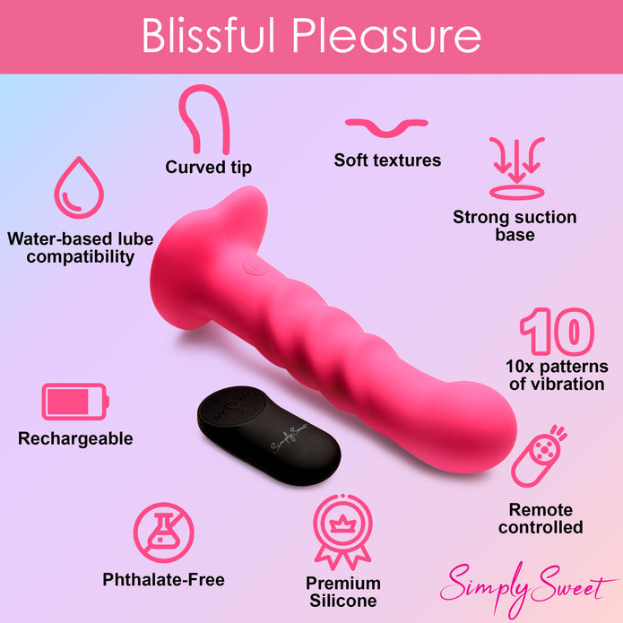 Enhance your playtime with the Simply Sweet Ribbed Dildo, featuring three textured ribs, 3 speeds and 7 patterns of vibration, and a remote control for effortless pleasure. Pink ribbed silicone dildo with vibrations, remote-controlled, harness-compatible suction base, waterproof, body-safe, phthalate-free. Keywords: pink silicone vibrating dildo, ribbed silicone dildo, G-spot vibrator, P-spot vibrator, harness-compatible dildo, suction cup dildo, waterproof vibrating dildo, remote-controlled sex toy, rechar