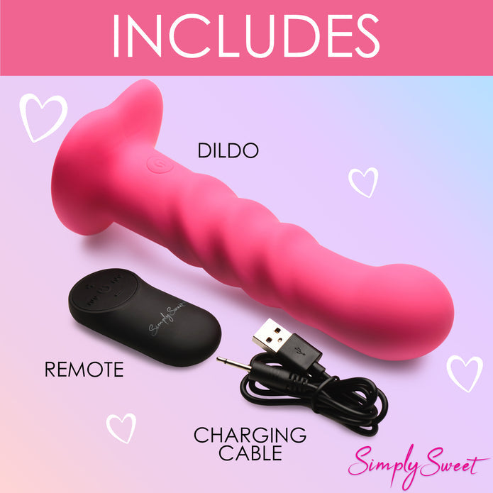 Enhance your playtime with the Simply Sweet Ribbed Dildo, featuring three textured ribs, 3 speeds and 7 patterns of vibration, and a remote control for effortless pleasure. Pink ribbed silicone dildo with vibrations, remote-controlled, harness-compatible suction base, waterproof, body-safe, phthalate-free. Keywords: pink silicone vibrating dildo, ribbed silicone dildo, G-spot vibrator, P-spot vibrator, harness-compatible dildo, suction cup dildo, waterproof vibrating dildo, remote-controlled sex toy, rechar