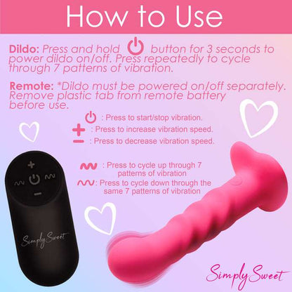 Enhance your playtime with the Simply Sweet Ribbed Dildo, featuring three textured ribs, 3 speeds and 7 patterns of vibration, and a remote control for effortless pleasure. Pink ribbed silicone dildo with vibrations, remote-controlled, harness-compatible suction base, waterproof, body-safe, phthalate-free. Keywords: pink silicone vibrating dildo, ribbed silicone dildo, G-spot vibrator, P-spot vibrator, harness-compatible dildo, suction cup dildo, waterproof vibrating dildo, remote-controlled sex toy, rechar