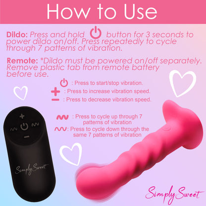 Enhance your playtime with the Simply Sweet Ribbed Dildo, featuring three textured ribs, 3 speeds and 7 patterns of vibration, and a remote control for effortless pleasure. Pink ribbed silicone dildo with vibrations, remote-controlled, harness-compatible suction base, waterproof, body-safe, phthalate-free. Keywords: pink silicone vibrating dildo, ribbed silicone dildo, G-spot vibrator, P-spot vibrator, harness-compatible dildo, suction cup dildo, waterproof vibrating dildo, remote-controlled sex toy, rechar