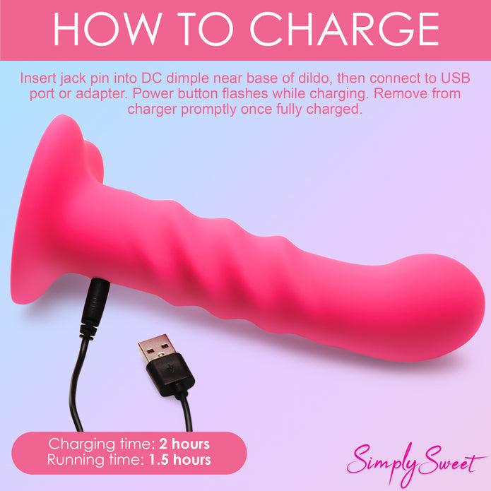 Enhance your playtime with the Simply Sweet Ribbed Dildo, featuring three textured ribs, 3 speeds and 7 patterns of vibration, and a remote control for effortless pleasure. Pink ribbed silicone dildo with vibrations, remote-controlled, harness-compatible suction base, waterproof, body-safe, phthalate-free. Keywords: pink silicone vibrating dildo, ribbed silicone dildo, G-spot vibrator, P-spot vibrator, harness-compatible dildo, suction cup dildo, waterproof vibrating dildo, remote-controlled sex toy, rechar