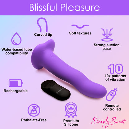 Violet silicone wavy dildo with vibrations, remote control, suction cup base, harness compatible, waterproof, body-safe. Keywords: vibrating silicone dildo, harness-compatible dildo, suction cup dildo, remote-controlled vibrator, waterproof vibrating dildo, Curve Toys premium dildo, wavy shaft dildo, rechargeable silicone dildo, vibrating strapon-compatible dildo.
