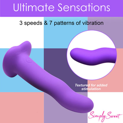 Violet silicone wavy dildo with vibrations, remote control, suction cup base, harness compatible, waterproof, body-safe. Keywords: vibrating silicone dildo, harness-compatible dildo, suction cup dildo, remote-controlled vibrator, waterproof vibrating dildo, Curve Toys premium dildo, wavy shaft dildo, rechargeable silicone dildo, vibrating strapon-compatible dildo.
