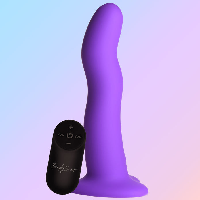 Violet silicone wavy dildo with vibrations, remote control, suction cup base, harness compatible, waterproof, body-safe. Keywords: vibrating silicone dildo, harness-compatible dildo, suction cup dildo, remote-controlled vibrator, waterproof vibrating dildo, Curve Toys premium dildo, wavy shaft dildo, rechargeable silicone dildo, vibrating strapon-compatible dildo.
