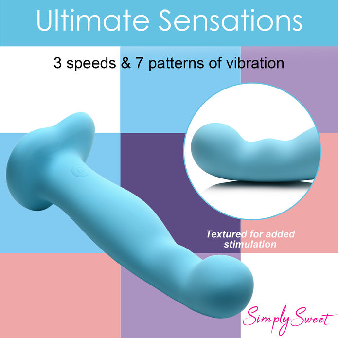 Simply Sweet 21x Vibrating Thick Rechargeable Silicone Dildo with Remote - Teal Blue curved silicone dildo with double bumps, vibrations, remote control, harness-compatible suction base, waterproof, body-safe. Keywords: blue silicone dildo, vibrating curved dildo, G-spot vibrator, P-spot stimulation dildo, harness-compat