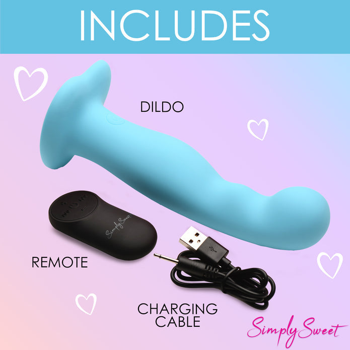 Simply Sweet 21x Vibrating Thick Rechargeable Silicone Dildo with Remote - Teal Blue curved silicone dildo with double bumps, vibrations, remote control, harness-compatible suction base, waterproof, body-safe. Keywords: blue silicone dildo, vibrating curved dildo, G-spot vibrator, P-spot stimulation dildo, harness-compat