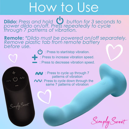 Simply Sweet 21x Vibrating Thick Rechargeable Silicone Dildo with Remote - Teal Blue curved silicone dildo with double bumps, vibrations, remote control, harness-compatible suction base, waterproof, body-safe. Keywords: blue silicone dildo, vibrating curved dildo, G-spot vibrator, P-spot stimulation dildo, harness-compat