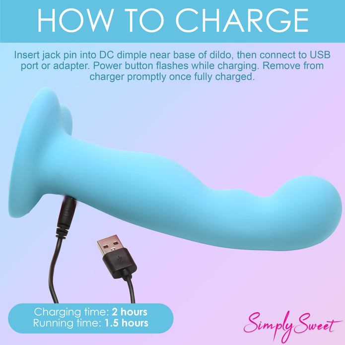 Simply Sweet 21x Vibrating Thick Rechargeable Silicone Dildo with Remote - Teal Blue curved silicone dildo with double bumps, vibrations, remote control, harness-compatible suction base, waterproof, body-safe. Keywords: blue silicone dildo, vibrating curved dildo, G-spot vibrator, P-spot stimulation dildo, harness-compat