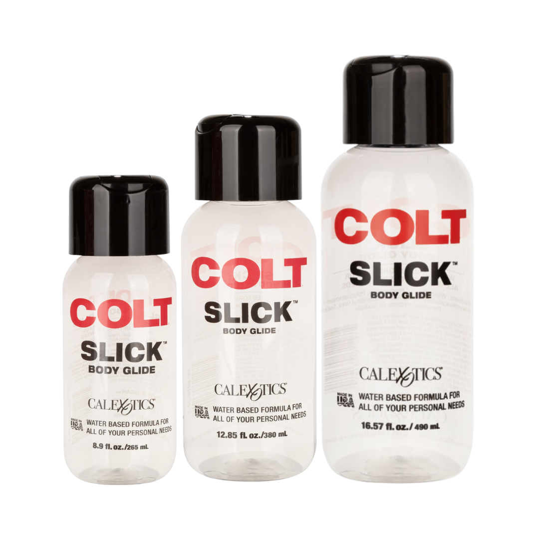 COLT® Slick™ Body Glide, ultra-slick water-based lubricant, enriched with Aloe Vera, toy and condom-compatible, available in three sizes, made in the USA.