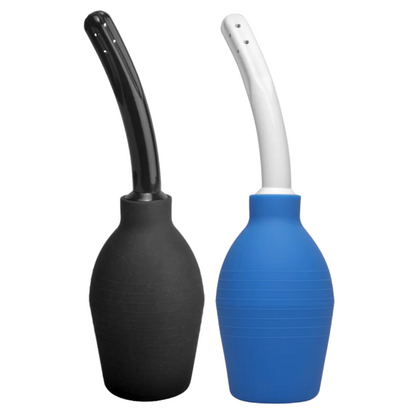 Deluxe enema bulb with a curved nozzle, available in black or blue/white. Compact, easy-to-use, and travel-friendly for effective intimate cleansing.

