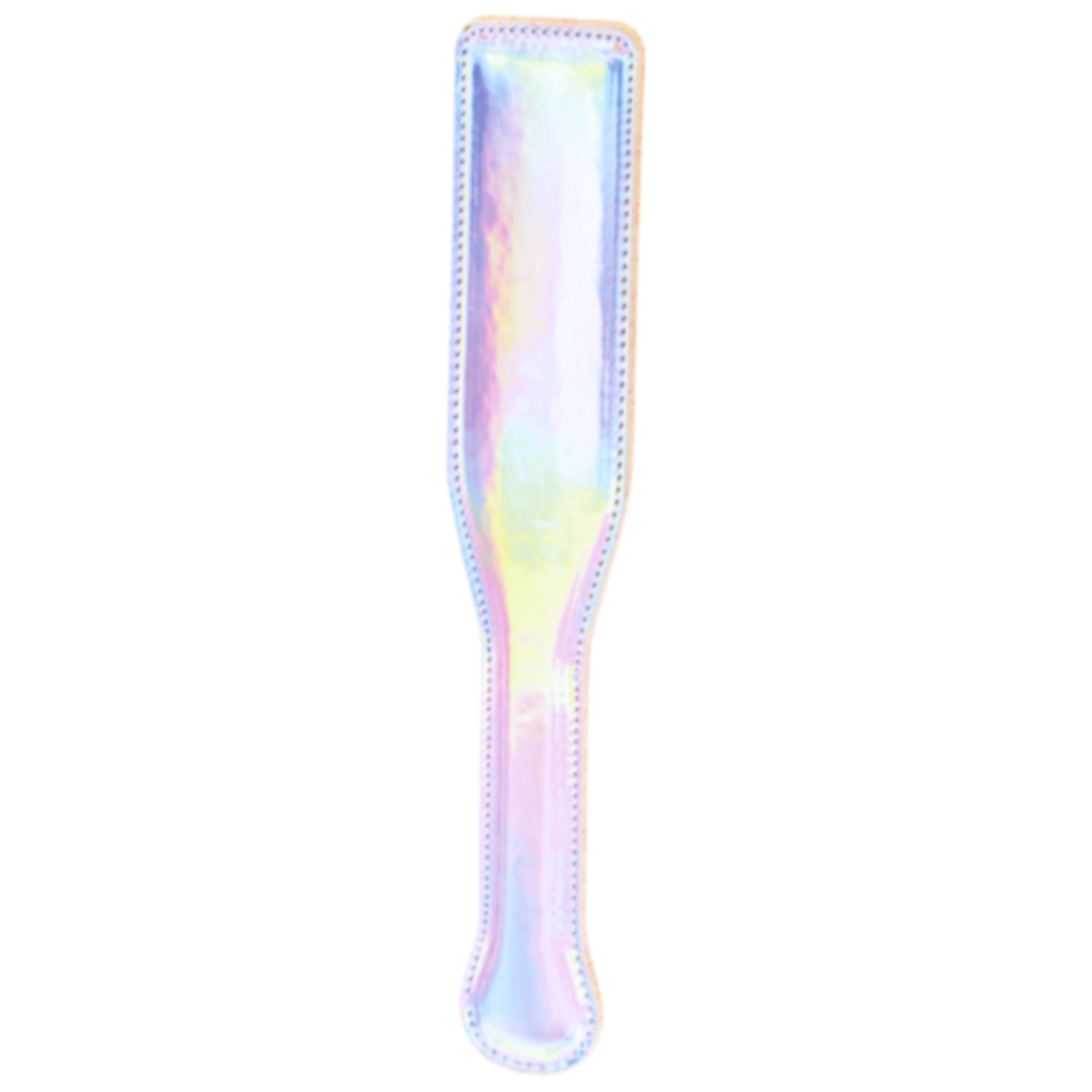 Holographic Cosmo Bondage Paddle with rose gold hardware, crafted from vinyl and wood, ideal for BDSM and impact play.

