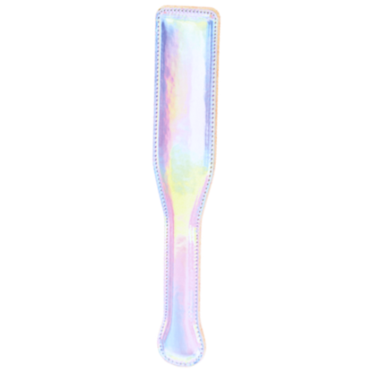 Holographic Cosmo Bondage Paddle with rose gold hardware, crafted from vinyl and wood, ideal for BDSM and impact play.

