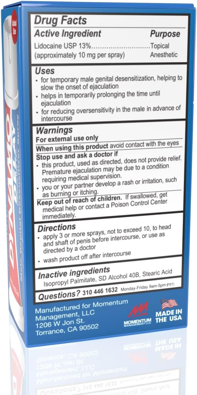 Dynamo Delay Lidocaine Spray for men, prolongs intimacy, clinically tested, fast-acting, non-irritating.
Keywords: Dynamo Delay spray, lidocaine delay spray, climax control spray, prolong intimacy, male desensitizer, delay ejaculation spray, lidocaine 13% spray, performance enhancement spray, fast-acting delay spray, FDA-registered delay spray, prolong pleasure.