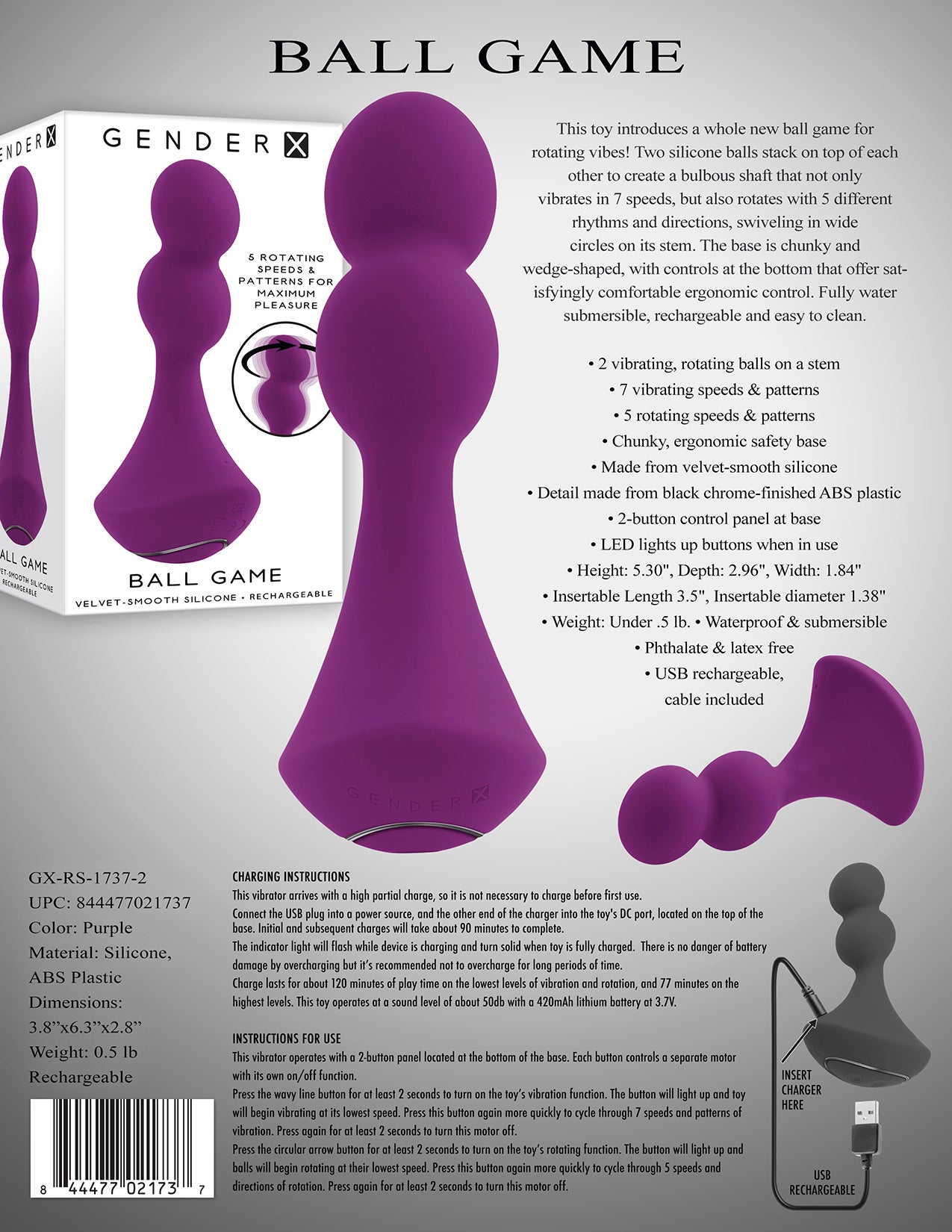 Rotating and vibrating silicone toy with dual-ball shaft, 7 vibration speeds, 5 rotation patterns, ergonomic base, and waterproof design.

rotating vibrating toy, dual silicone balls, vibrating shaft, rotating shaft, waterproof vibrator, ergonomic base toy, USB rechargeable toy, silicone vibrator, phthalate-free, body-safe toy.